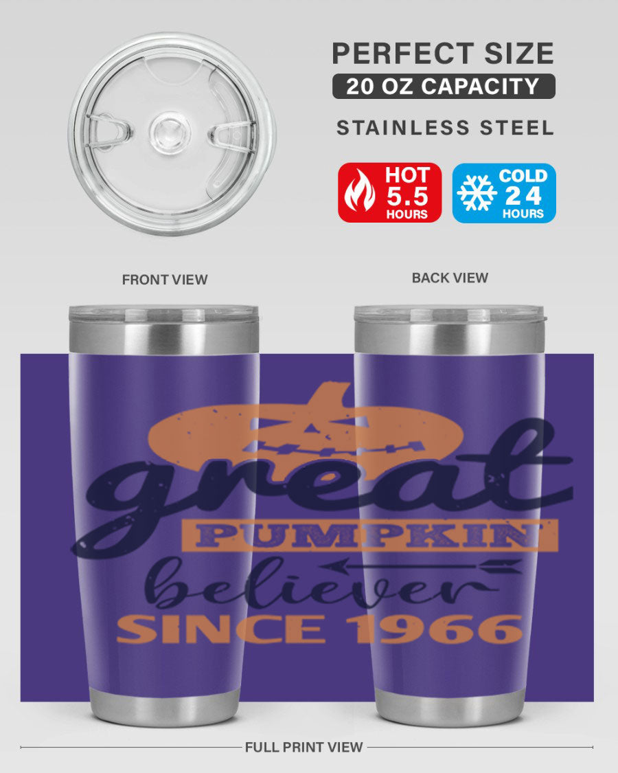 Great Pumpkin Believer Tumbler featuring a vibrant design, available in 20oz and 30oz sizes, made from stainless steel.