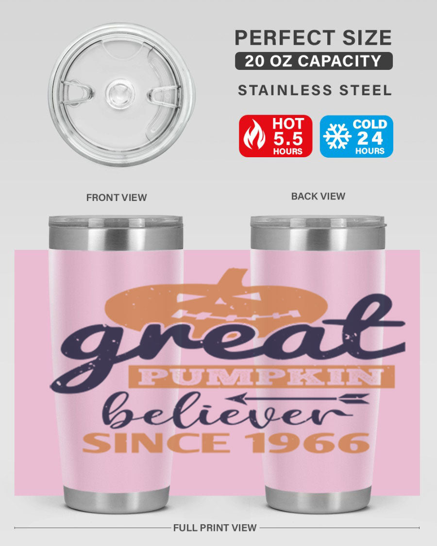 Great Pumpkin Believer Tumbler featuring a vibrant design, available in 20oz and 30oz sizes, made from stainless steel.