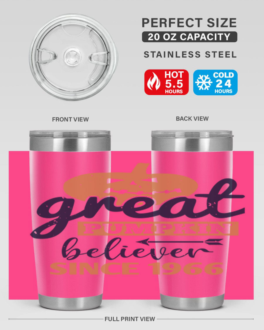 Great Pumpkin Believer Tumbler featuring a vibrant design, available in 20oz and 30oz sizes, made from stainless steel.