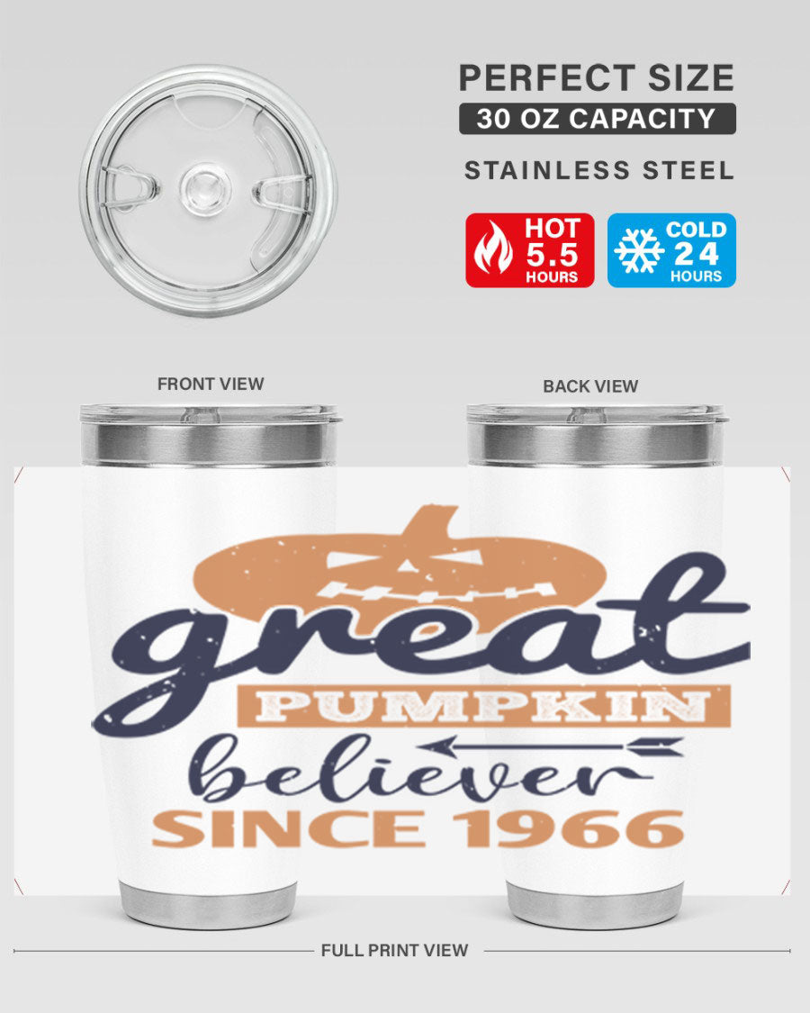 Great Pumpkin Believer Tumbler featuring a vibrant design, available in 20oz and 30oz sizes, made from stainless steel.