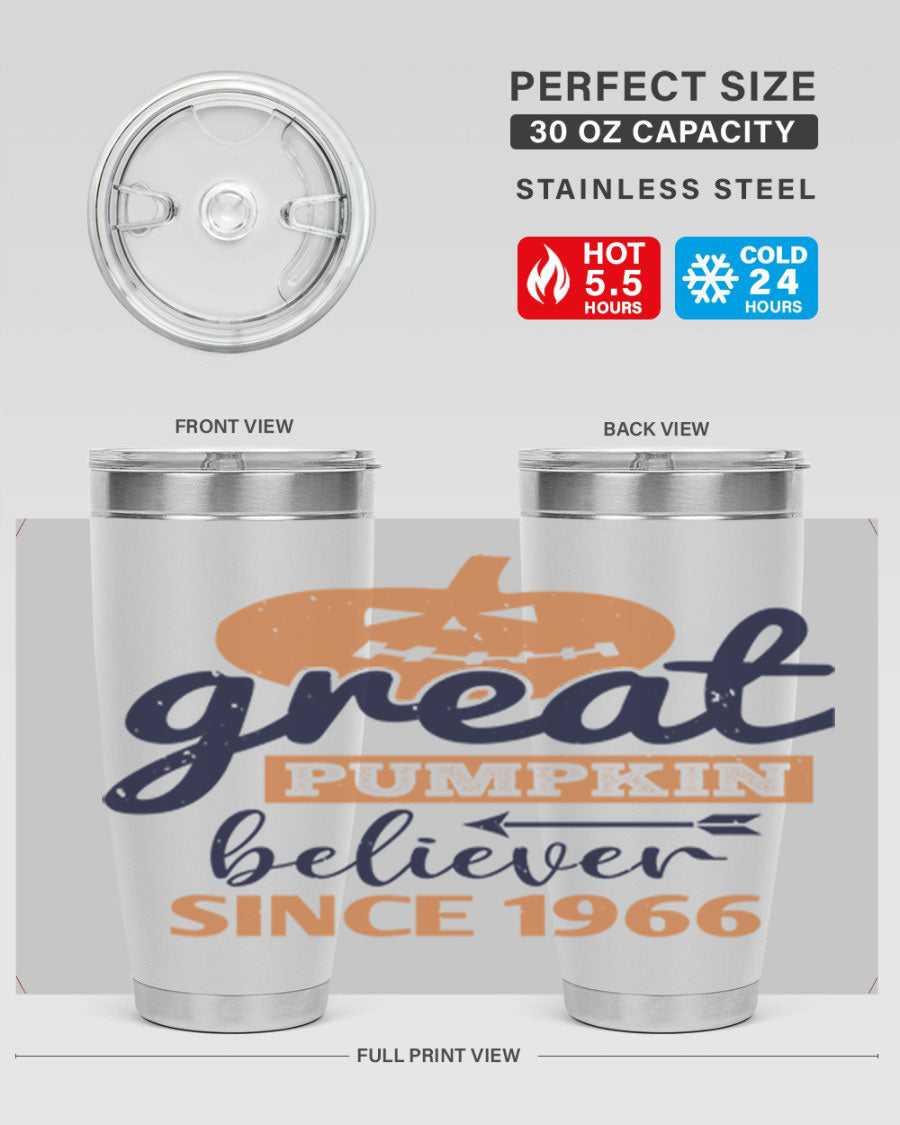 Great Pumpkin Believer Tumbler featuring a vibrant design, available in 20oz and 30oz sizes, made from stainless steel.