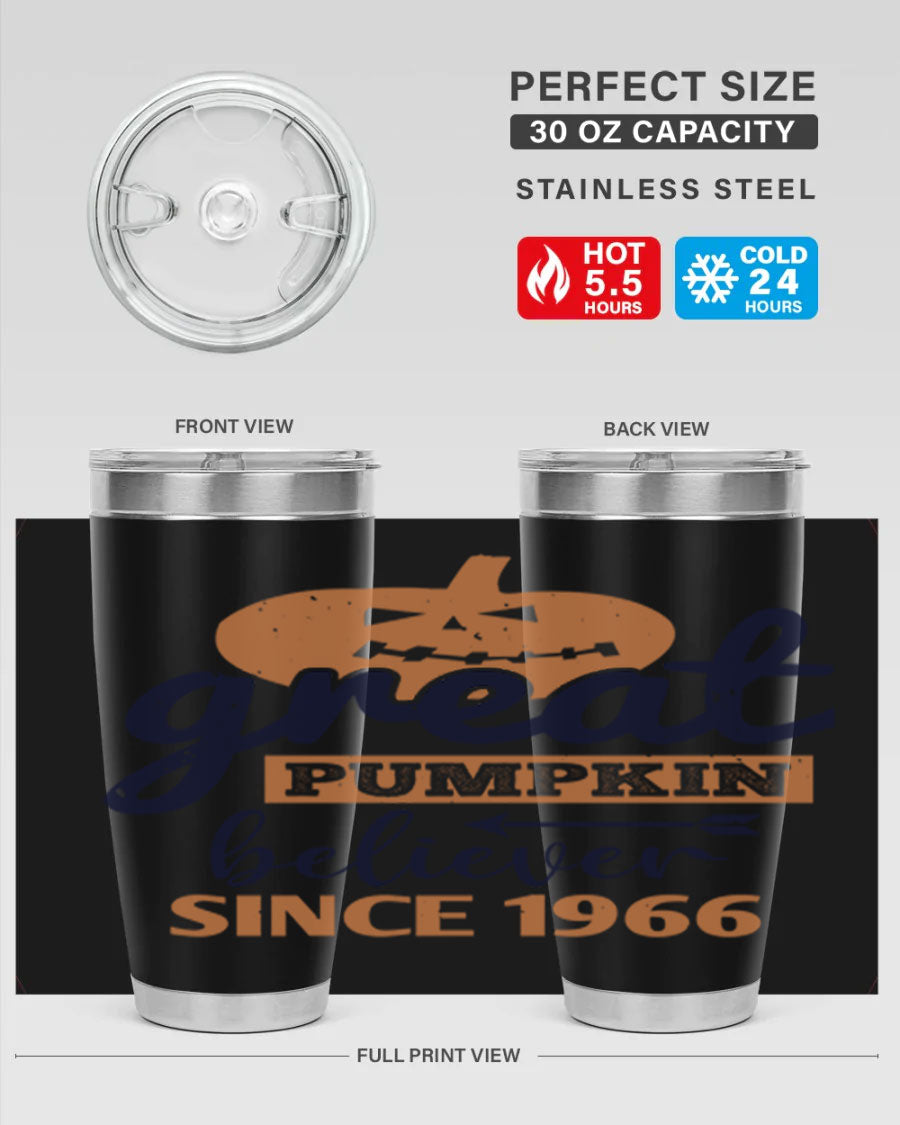 Great Pumpkin Believer Tumbler featuring a vibrant design, available in 20oz and 30oz sizes, made from stainless steel.