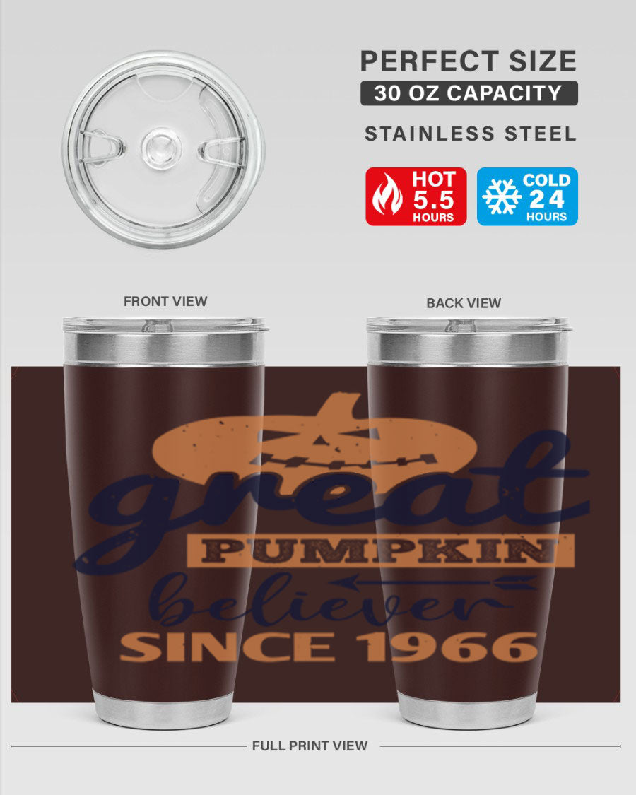 Great Pumpkin Believer Tumbler featuring a vibrant design, available in 20oz and 30oz sizes, made from stainless steel.
