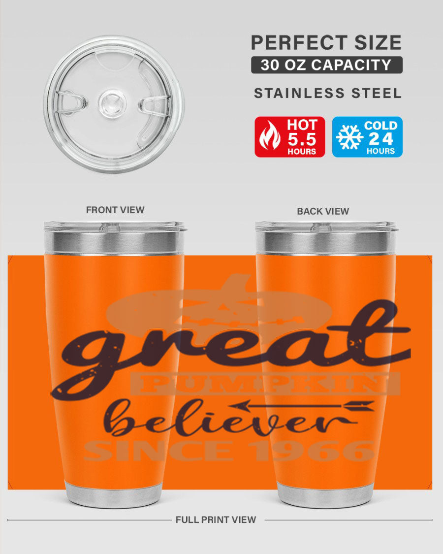 Great Pumpkin Believer Tumbler featuring a vibrant design, available in 20oz and 30oz sizes, made from stainless steel.