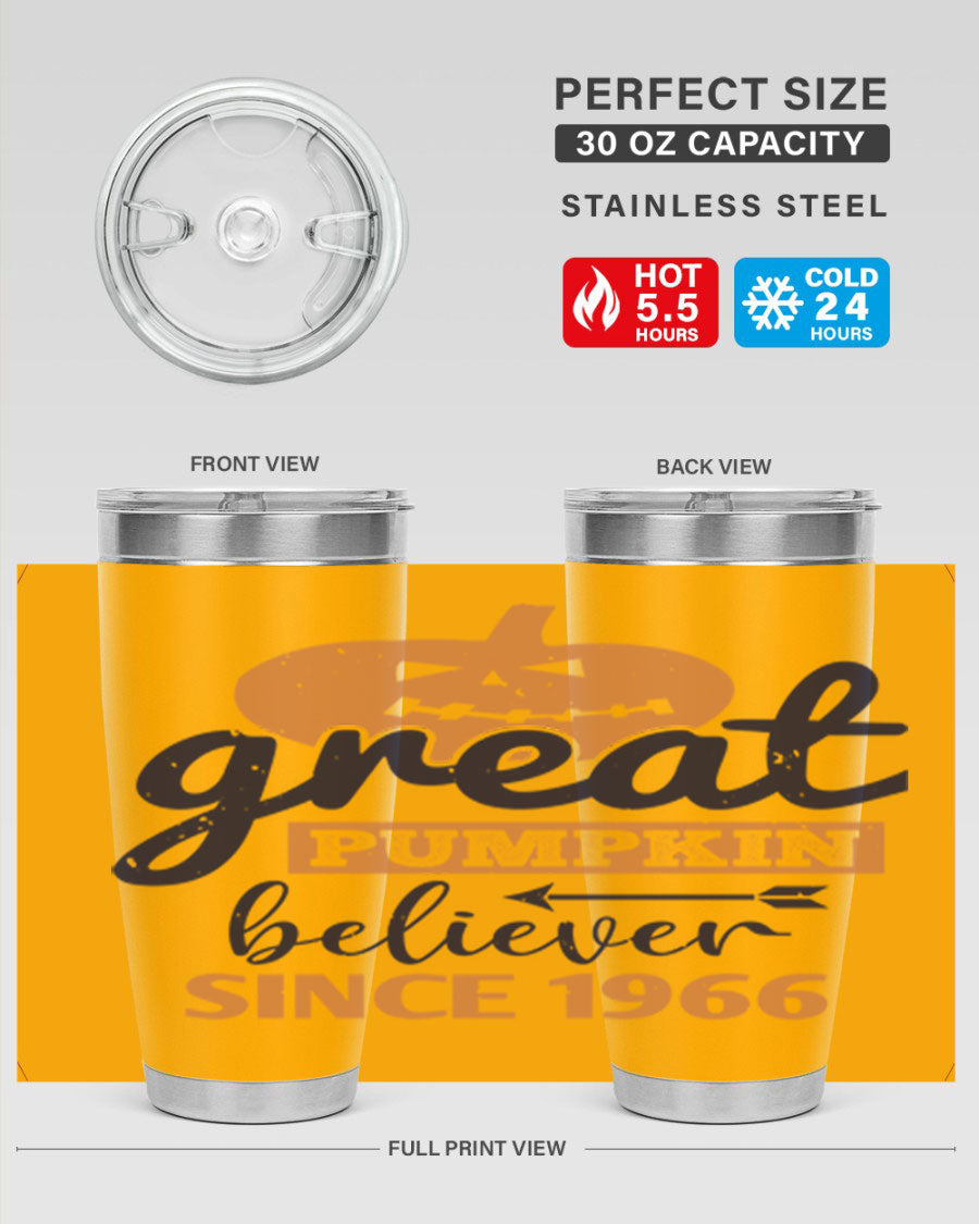Great Pumpkin Believer Tumbler featuring a vibrant design, available in 20oz and 30oz sizes, made from stainless steel.