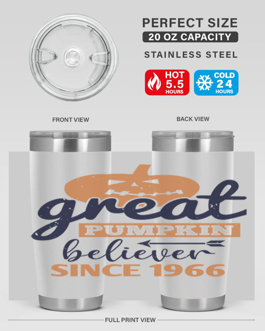 Great Pumpkin Believer Tumbler featuring a vibrant design, available in 20oz and 30oz sizes, made from stainless steel.