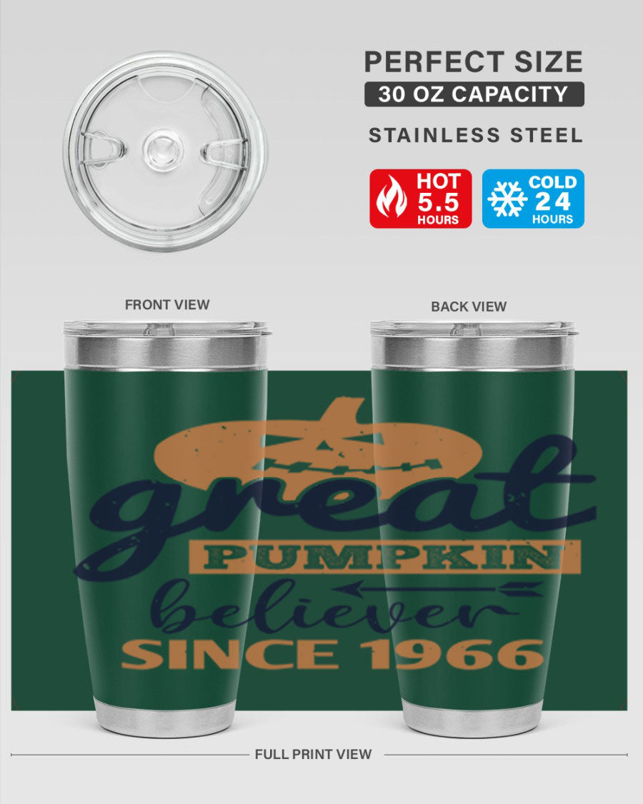 Great Pumpkin Believer Tumbler featuring a vibrant design, available in 20oz and 30oz sizes, made from stainless steel.