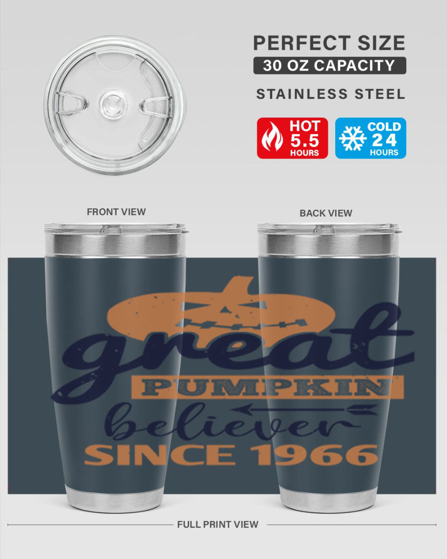 Great Pumpkin Believer Tumbler featuring a vibrant design, available in 20oz and 30oz sizes, made from stainless steel.