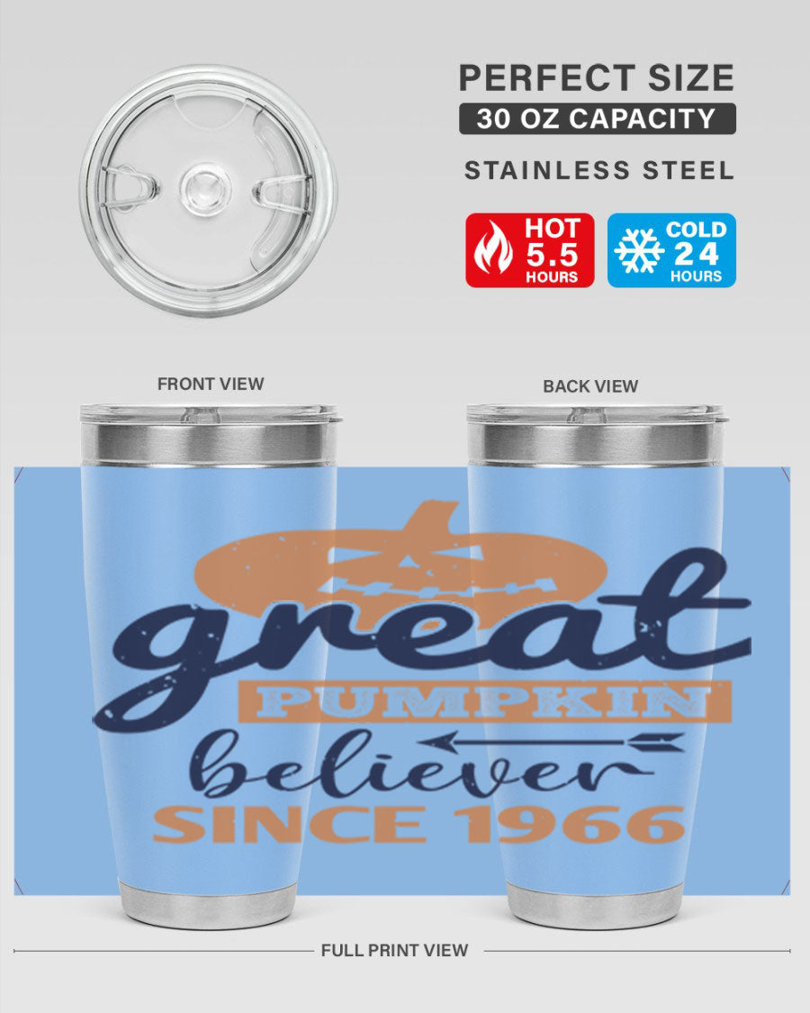 Great Pumpkin Believer Tumbler featuring a vibrant design, available in 20oz and 30oz sizes, made from stainless steel.