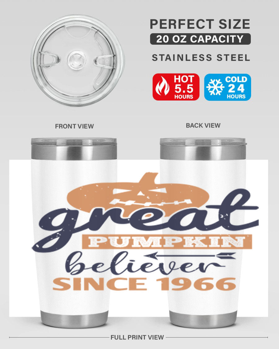 Great Pumpkin Believer Tumbler featuring a vibrant design, available in 20oz and 30oz sizes, made from stainless steel.