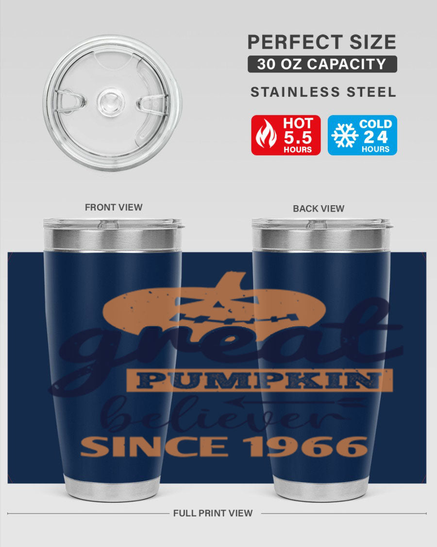 Great Pumpkin Believer Tumbler featuring a vibrant design, available in 20oz and 30oz sizes, made from stainless steel.