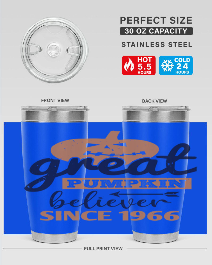 Great Pumpkin Believer Tumbler featuring a vibrant design, available in 20oz and 30oz sizes, made from stainless steel.
