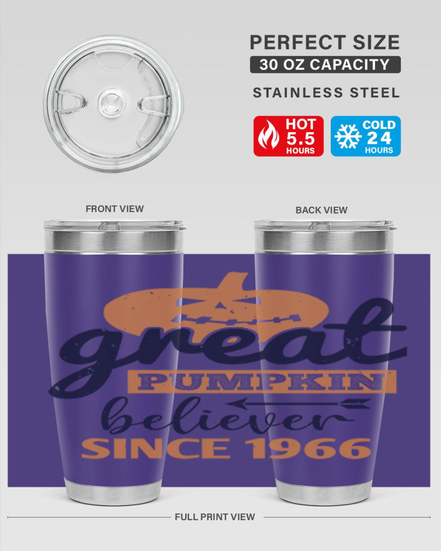 Great Pumpkin Believer Tumbler featuring a vibrant design, available in 20oz and 30oz sizes, made from stainless steel.