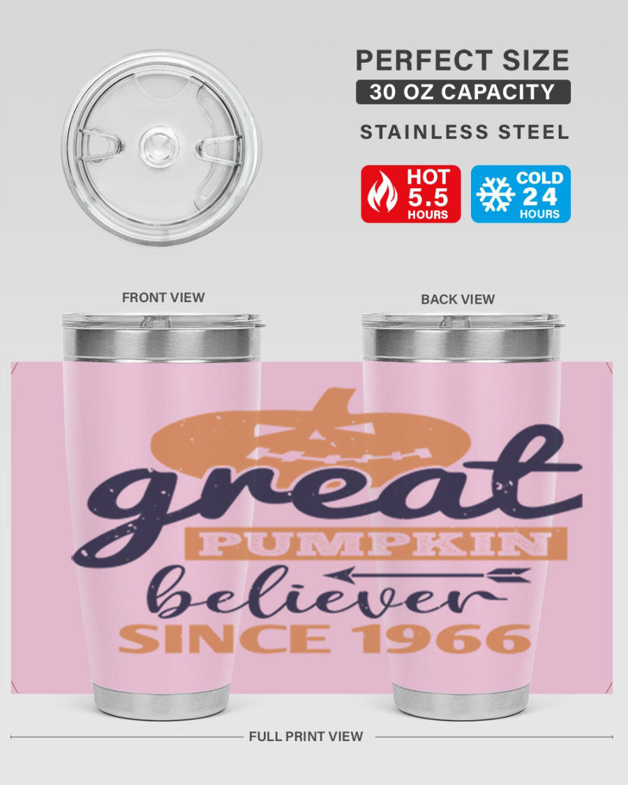 Great Pumpkin Believer Tumbler featuring a vibrant design, available in 20oz and 30oz sizes, made from stainless steel.