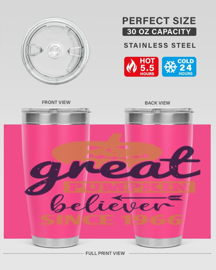 Great Pumpkin Believer Tumbler featuring a vibrant design, available in 20oz and 30oz sizes, made from stainless steel.