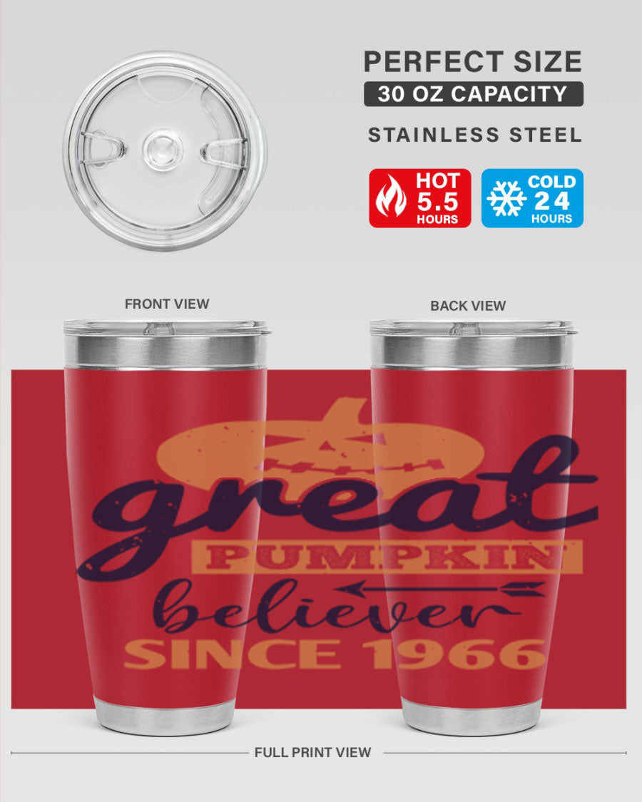 Great Pumpkin Believer Tumbler featuring a vibrant design, available in 20oz and 30oz sizes, made from stainless steel.