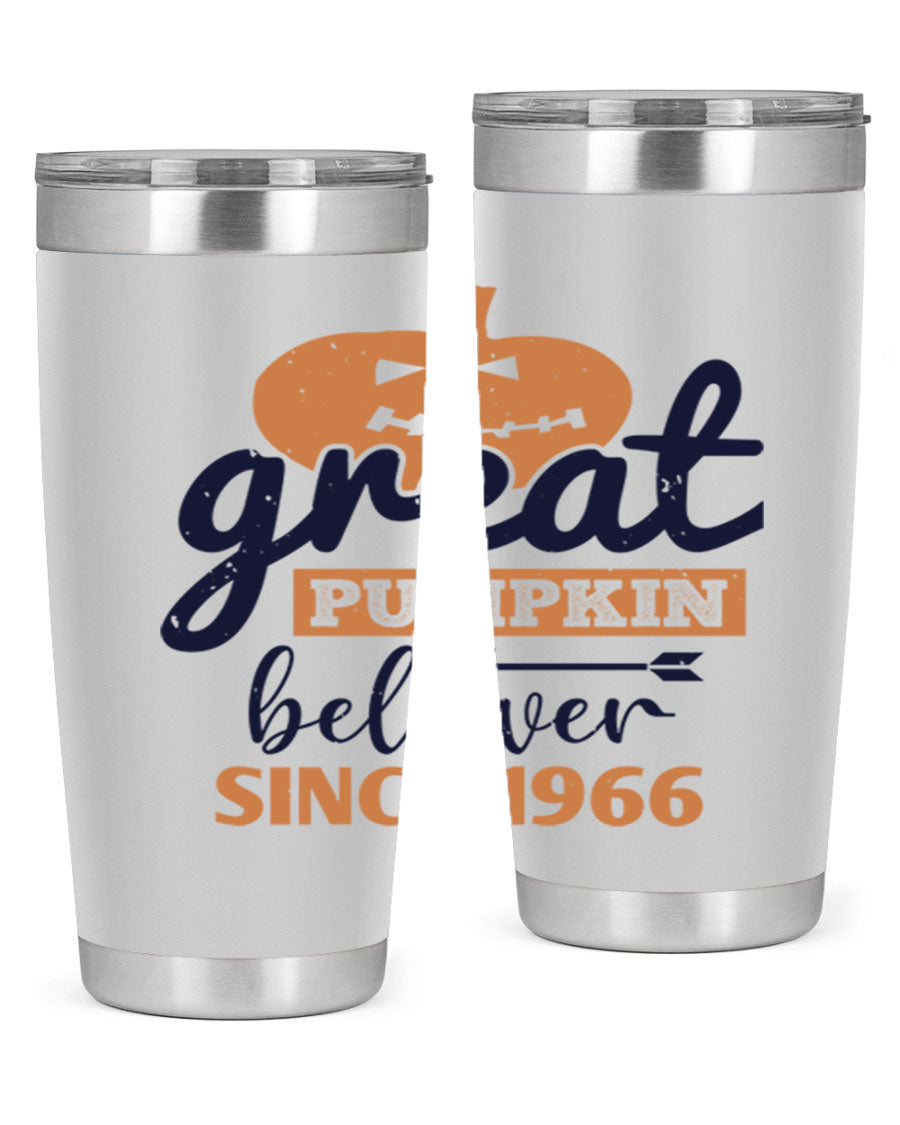 Great Pumpkin Believer Tumbler featuring a vibrant design, available in 20oz and 30oz sizes, made from stainless steel.