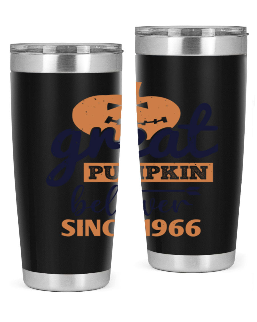 Great Pumpkin Believer Tumbler featuring a vibrant design, available in 20oz and 30oz sizes, made from stainless steel.