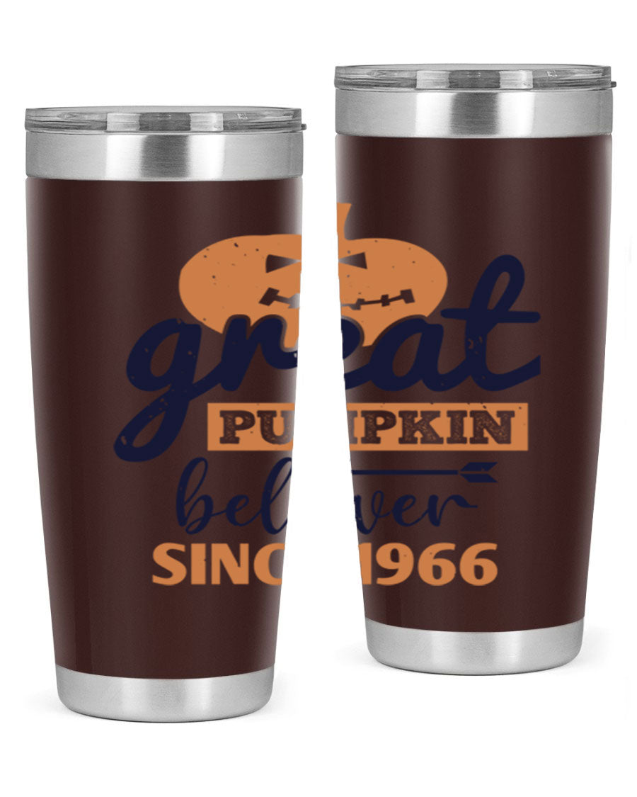 Great Pumpkin Believer Tumbler featuring a vibrant design, available in 20oz and 30oz sizes, made from stainless steel.