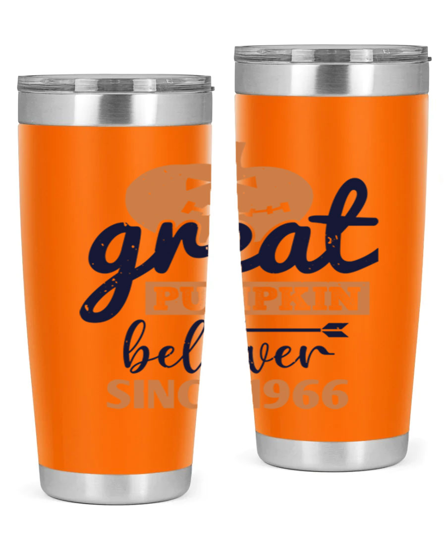 Great Pumpkin Believer Tumbler featuring a vibrant design, available in 20oz and 30oz sizes, made from stainless steel.