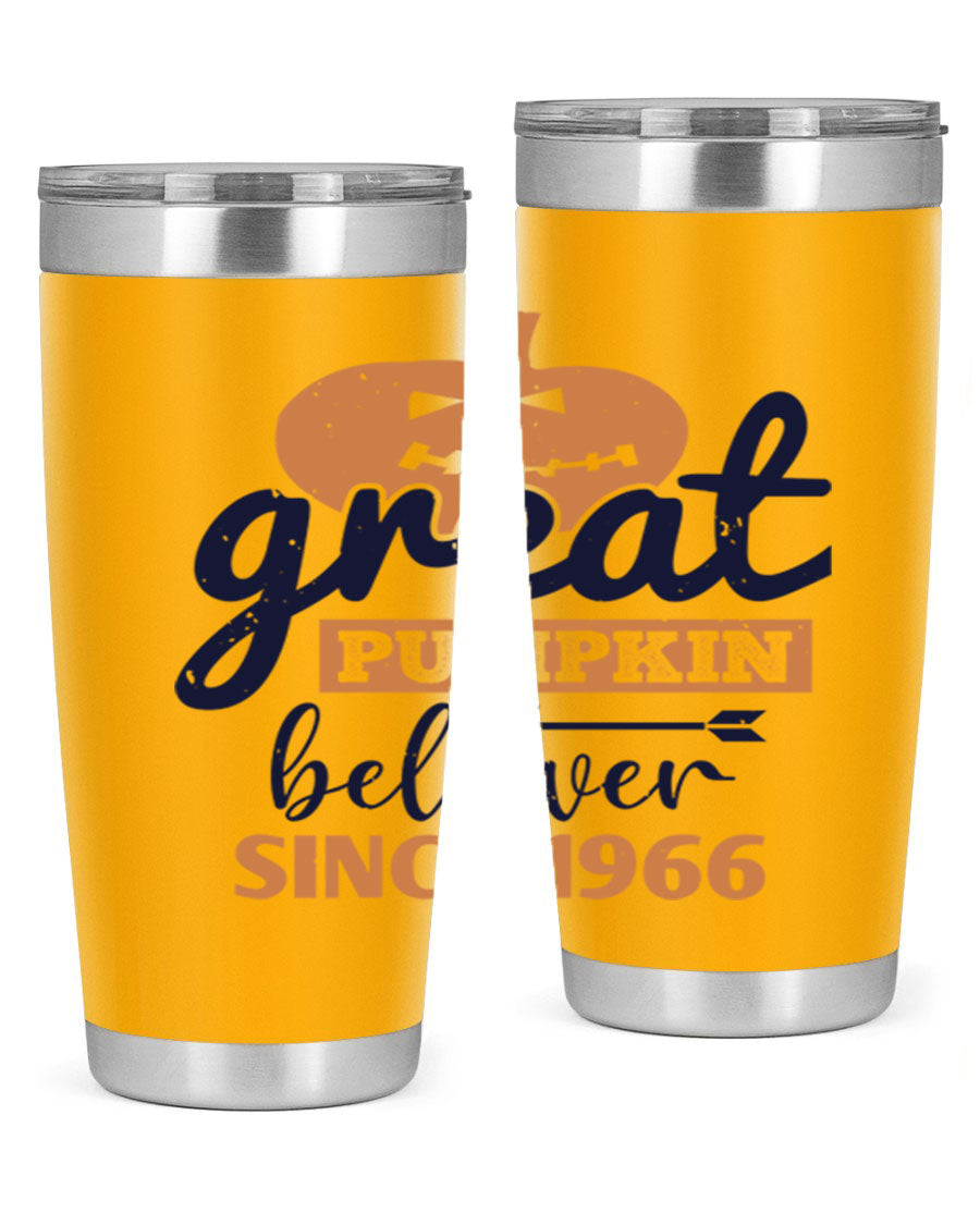 Great Pumpkin Believer Tumbler featuring a vibrant design, available in 20oz and 30oz sizes, made from stainless steel.