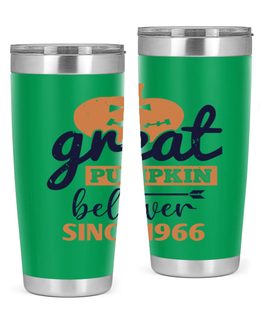 Great Pumpkin Believer Tumbler featuring a vibrant design, available in 20oz and 30oz sizes, made from stainless steel.