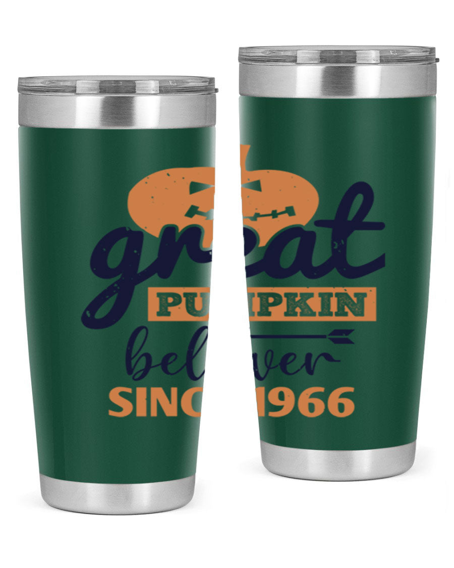 Great Pumpkin Believer Tumbler featuring a vibrant design, available in 20oz and 30oz sizes, made from stainless steel.
