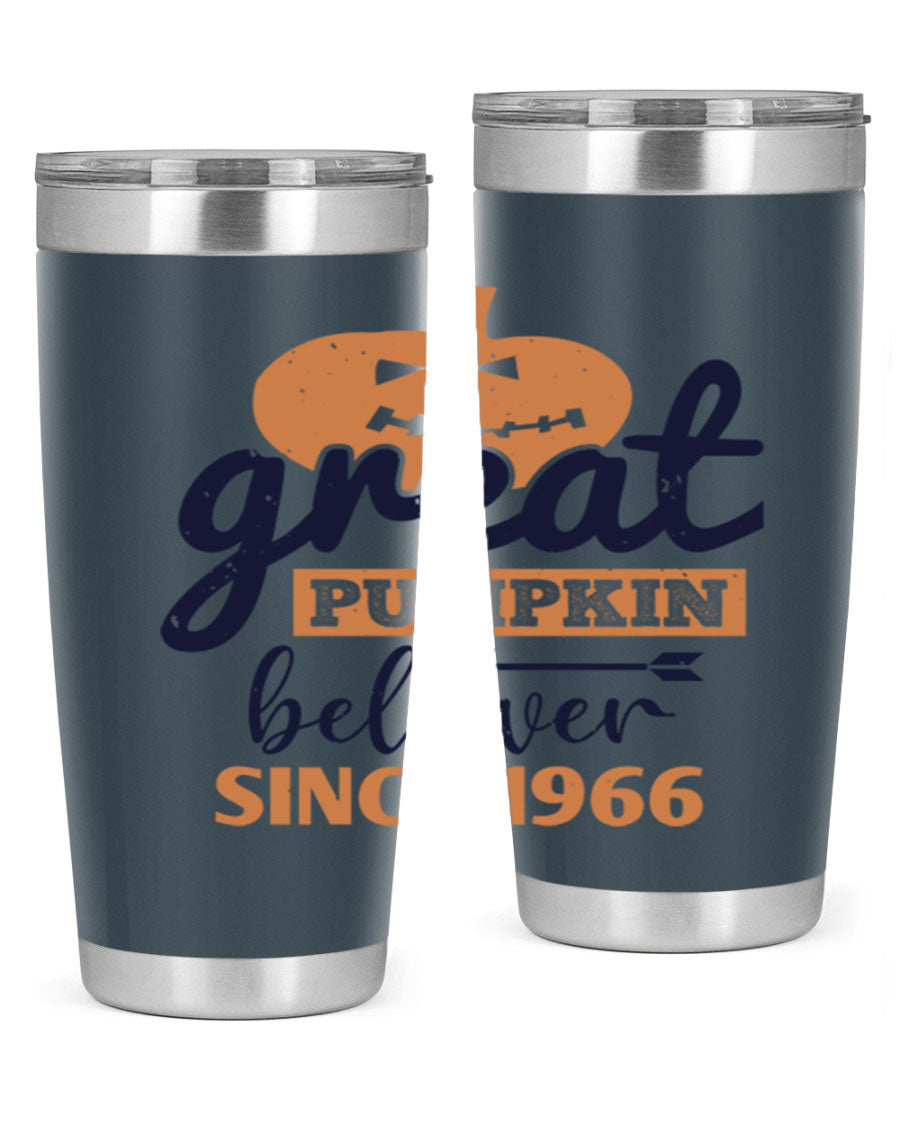 Great Pumpkin Believer Tumbler featuring a vibrant design, available in 20oz and 30oz sizes, made from stainless steel.