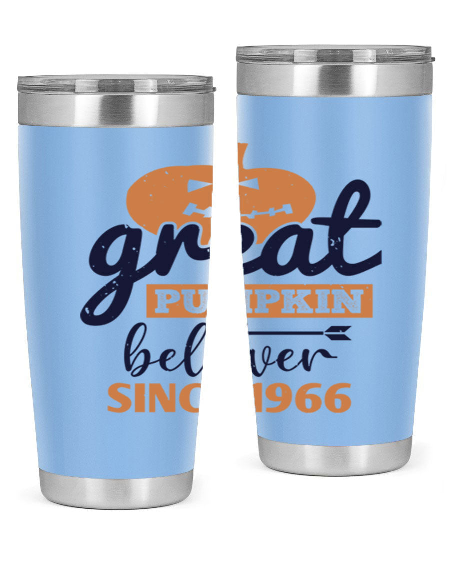 Great Pumpkin Believer Tumbler featuring a vibrant design, available in 20oz and 30oz sizes, made from stainless steel.