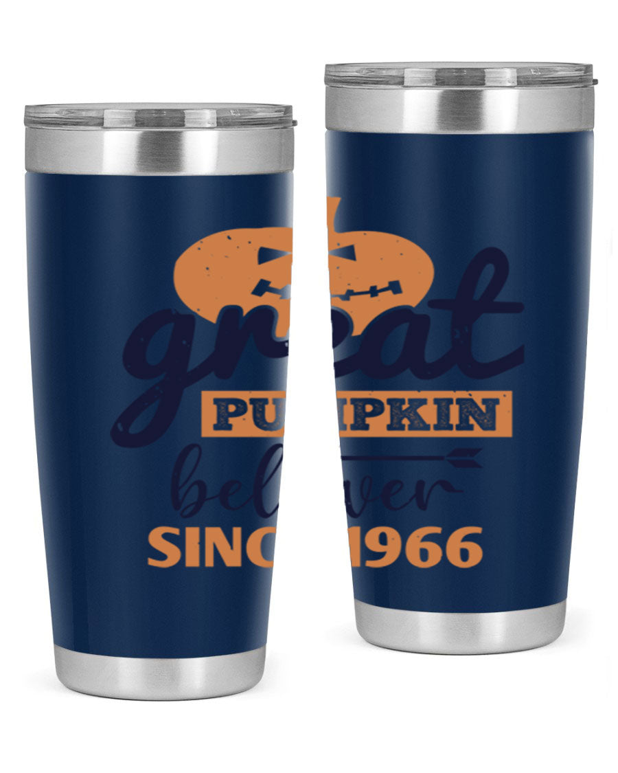 Great Pumpkin Believer Tumbler featuring a vibrant design, available in 20oz and 30oz sizes, made from stainless steel.