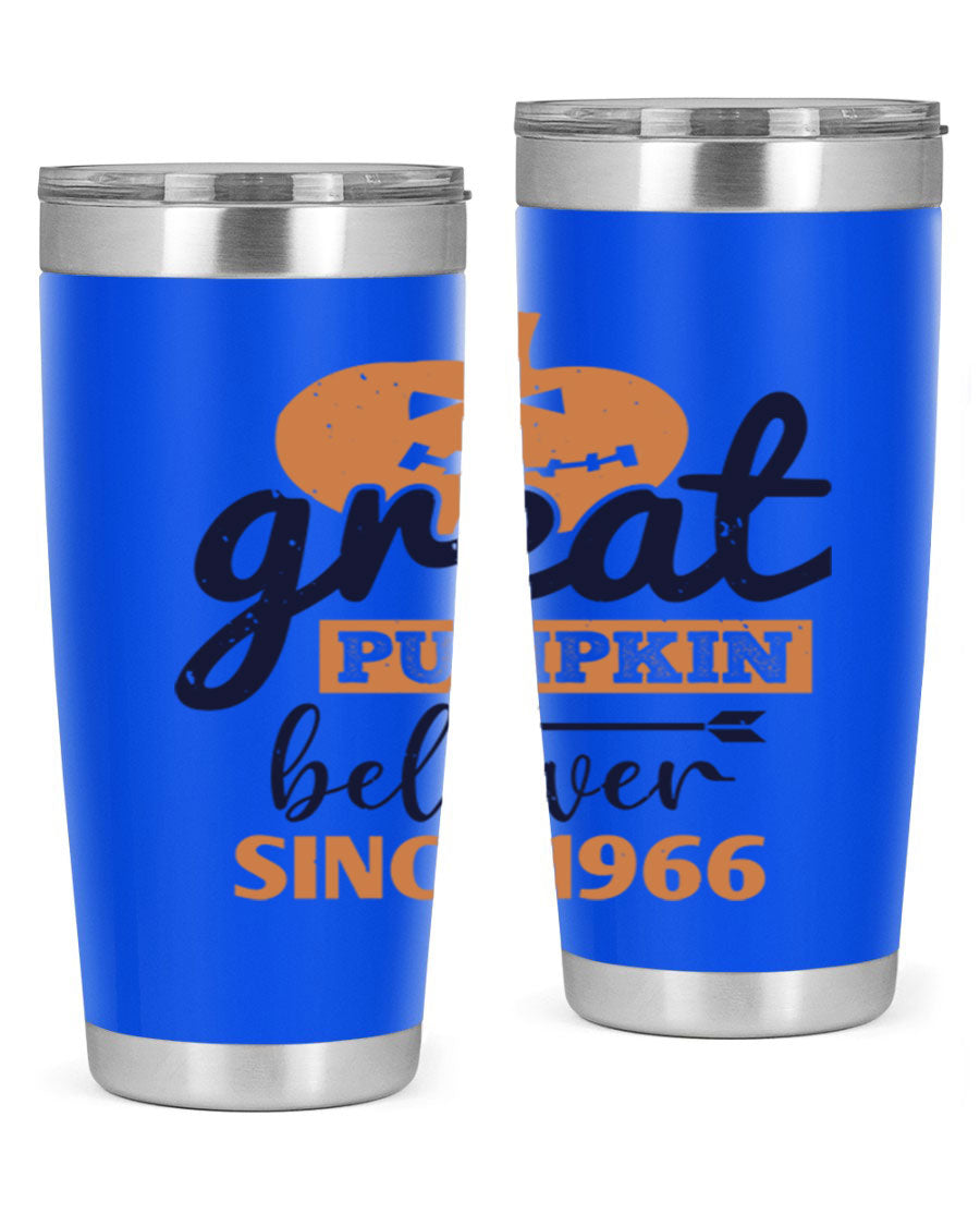 Great Pumpkin Believer Tumbler featuring a vibrant design, available in 20oz and 30oz sizes, made from stainless steel.