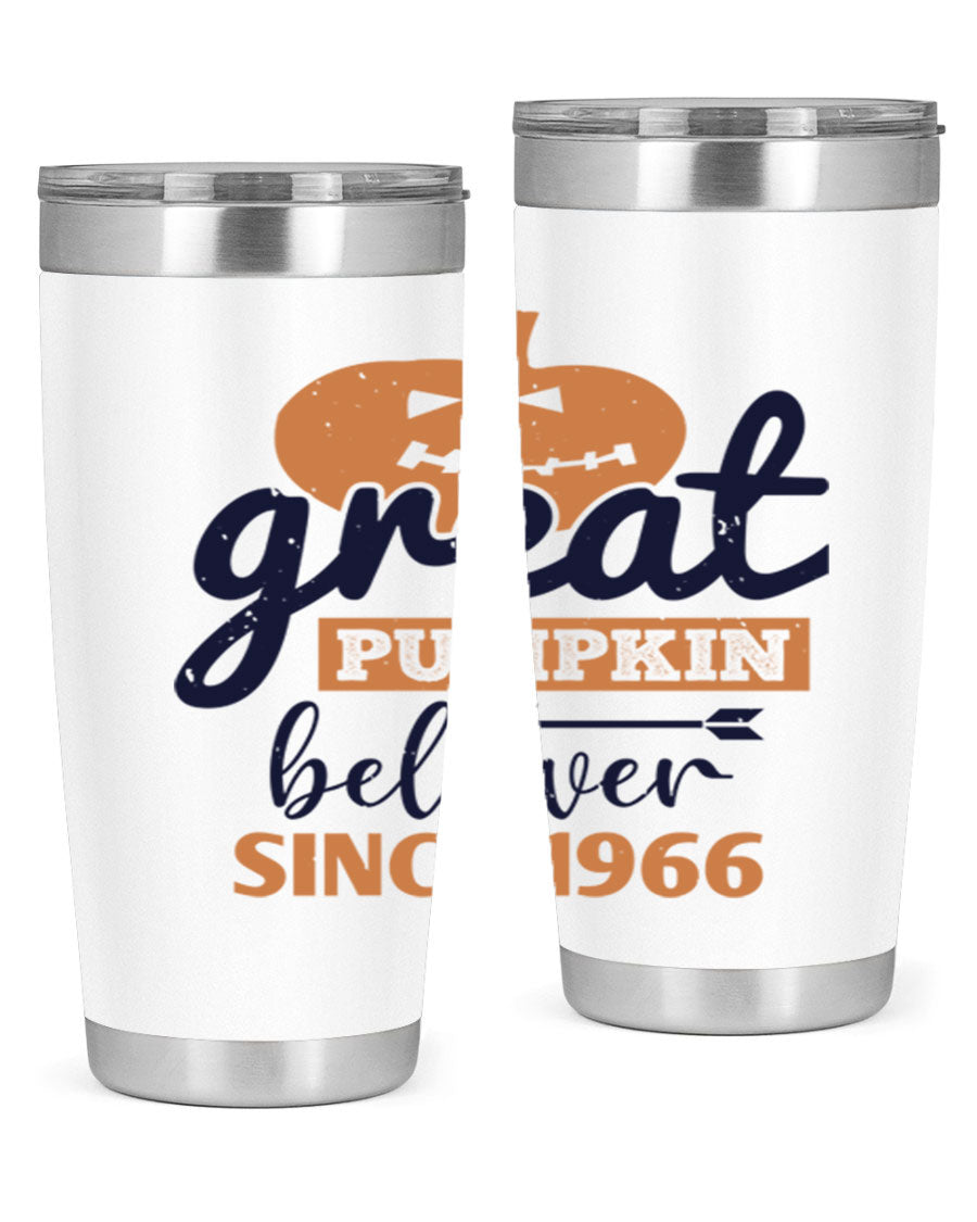 Great Pumpkin Believer Tumbler featuring a vibrant design, available in 20oz and 30oz sizes, made from stainless steel.
