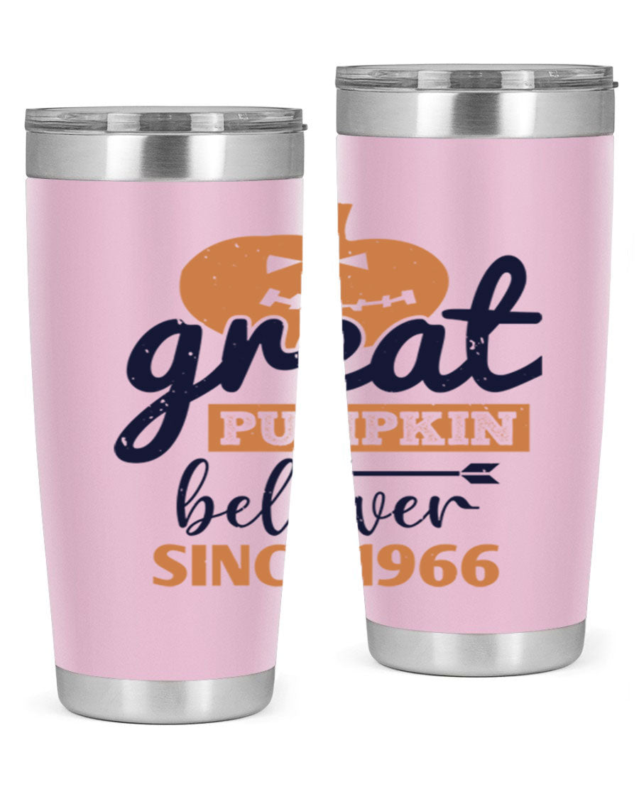 Great Pumpkin Believer Tumbler featuring a vibrant design, available in 20oz and 30oz sizes, made from stainless steel.