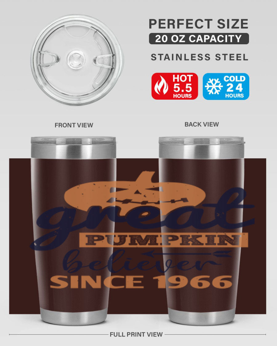 Great Pumpkin Believer Tumbler featuring a vibrant design, available in 20oz and 30oz sizes, made from stainless steel.