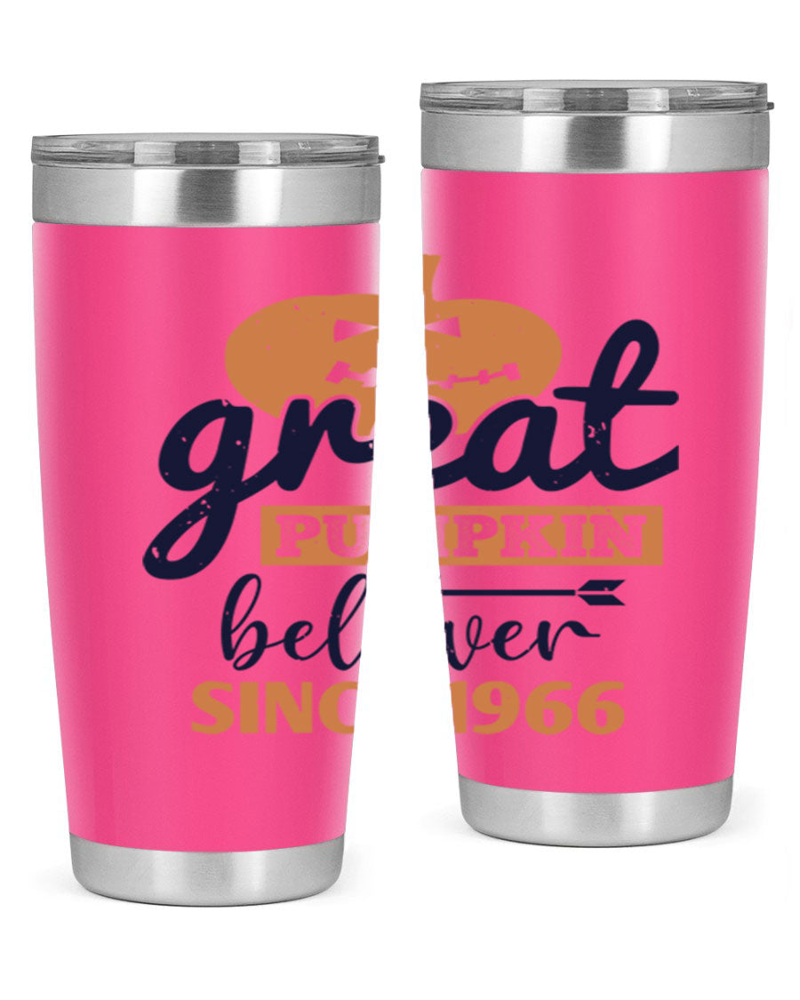 Great Pumpkin Believer Tumbler featuring a vibrant design, available in 20oz and 30oz sizes, made from stainless steel.
