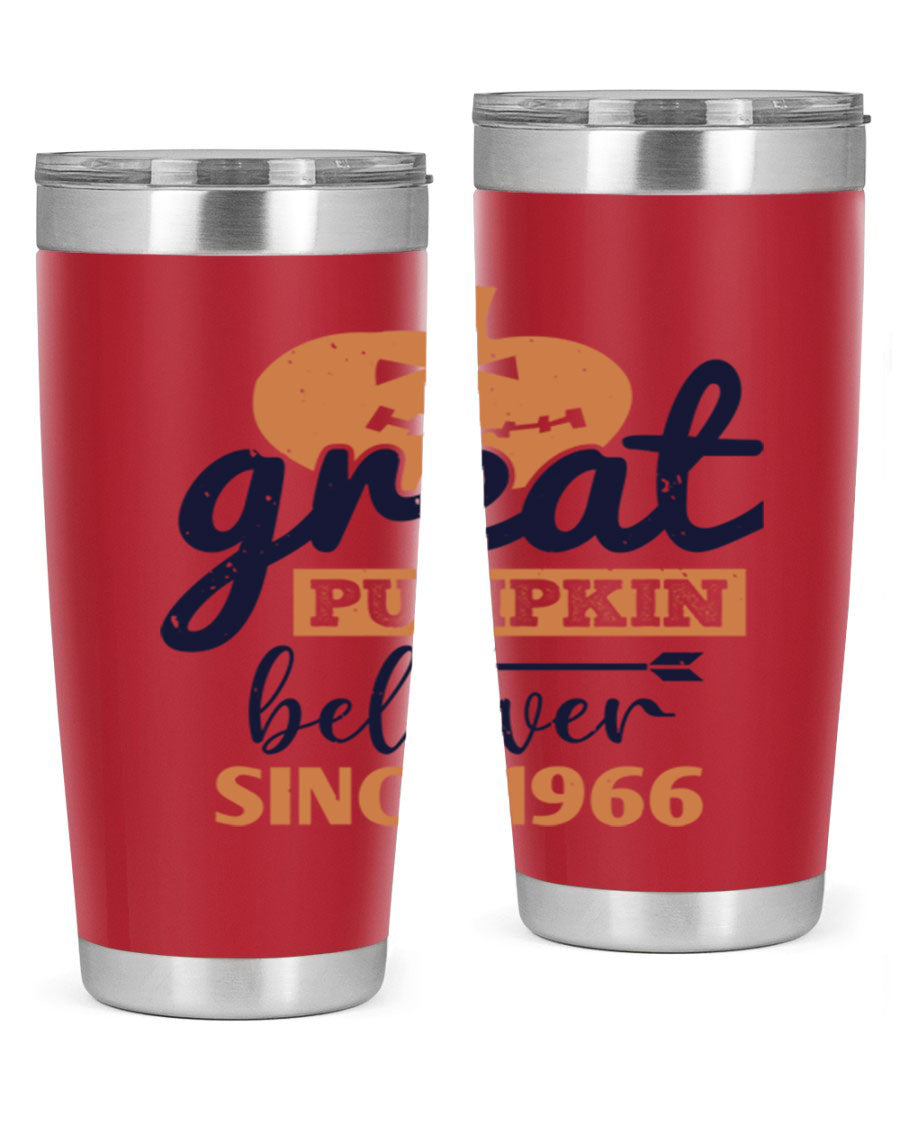 Great Pumpkin Believer Tumbler featuring a vibrant design, available in 20oz and 30oz sizes, made from stainless steel.