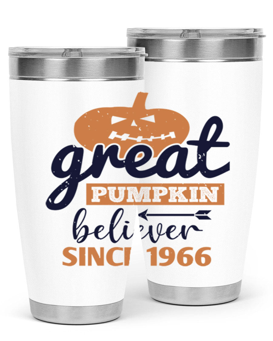 Great Pumpkin Believer Tumbler featuring a vibrant design, available in 20oz and 30oz sizes, made from stainless steel.