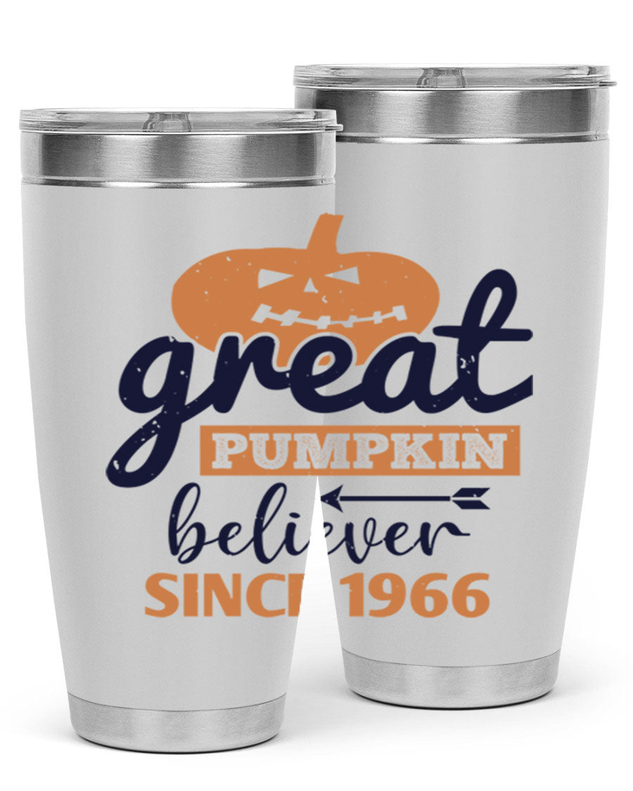 Great Pumpkin Believer Tumbler featuring a vibrant design, available in 20oz and 30oz sizes, made from stainless steel.