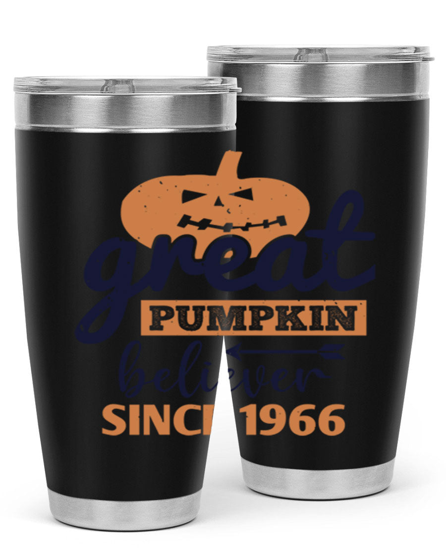 Great Pumpkin Believer Tumbler featuring a vibrant design, available in 20oz and 30oz sizes, made from stainless steel.
