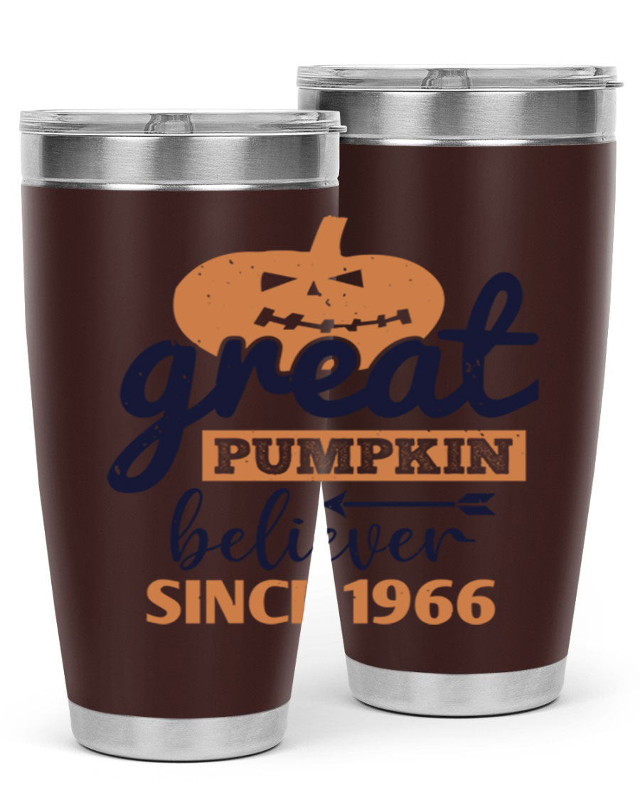 Great Pumpkin Believer Tumbler featuring a vibrant design, available in 20oz and 30oz sizes, made from stainless steel.