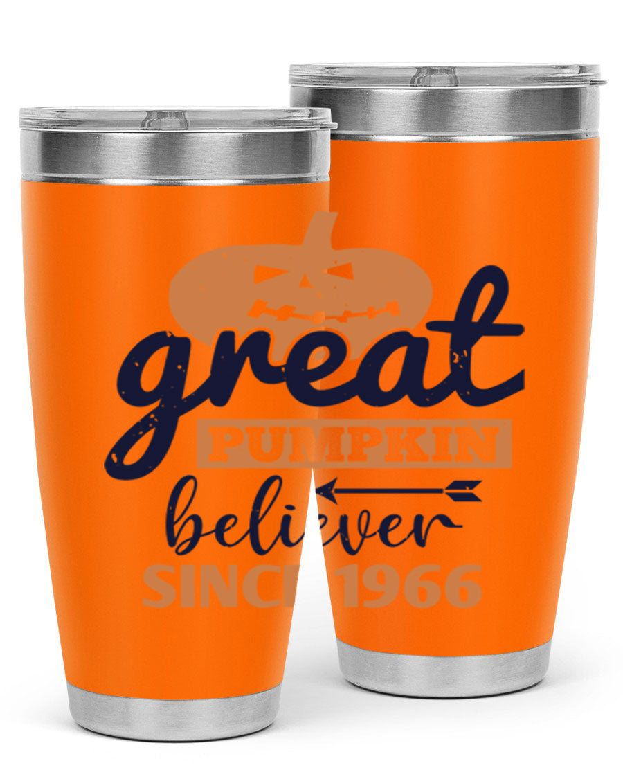 Great Pumpkin Believer Tumbler featuring a vibrant design, available in 20oz and 30oz sizes, made from stainless steel.