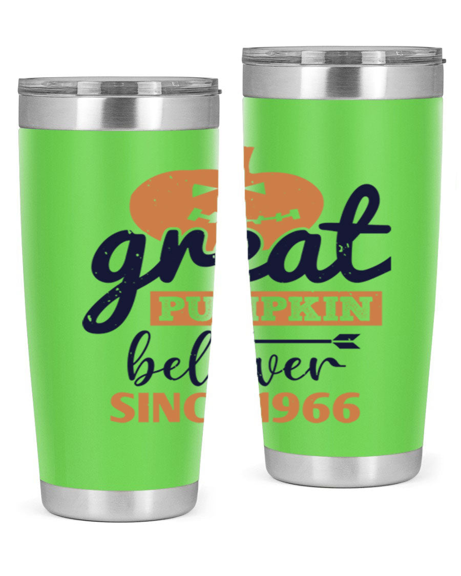 Great Pumpkin Believer Tumbler featuring a vibrant design, available in 20oz and 30oz sizes, made from stainless steel.