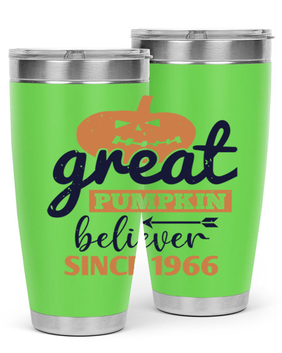 Great Pumpkin Believer Tumbler featuring a vibrant design, available in 20oz and 30oz sizes, made from stainless steel.