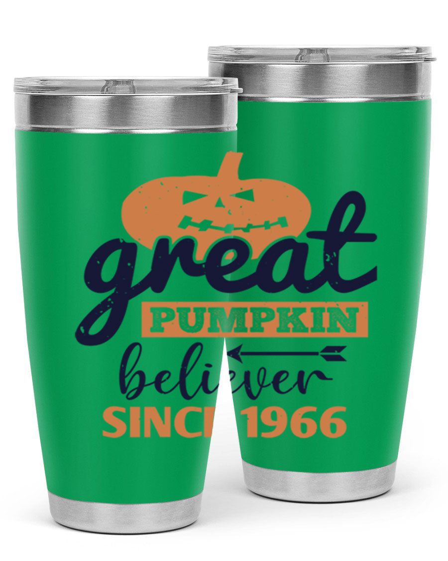 Great Pumpkin Believer Tumbler featuring a vibrant design, available in 20oz and 30oz sizes, made from stainless steel.