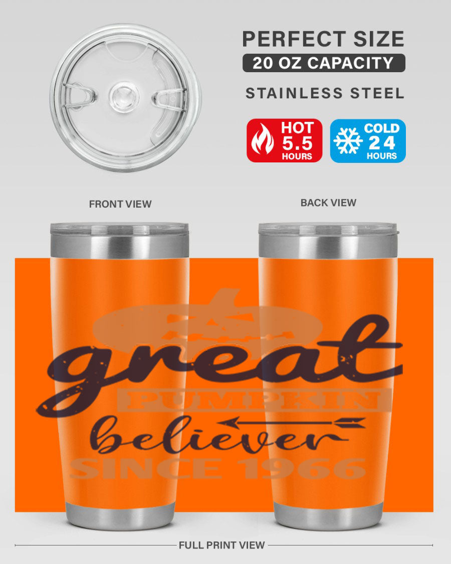 Great Pumpkin Believer Tumbler featuring a vibrant design, available in 20oz and 30oz sizes, made from stainless steel.