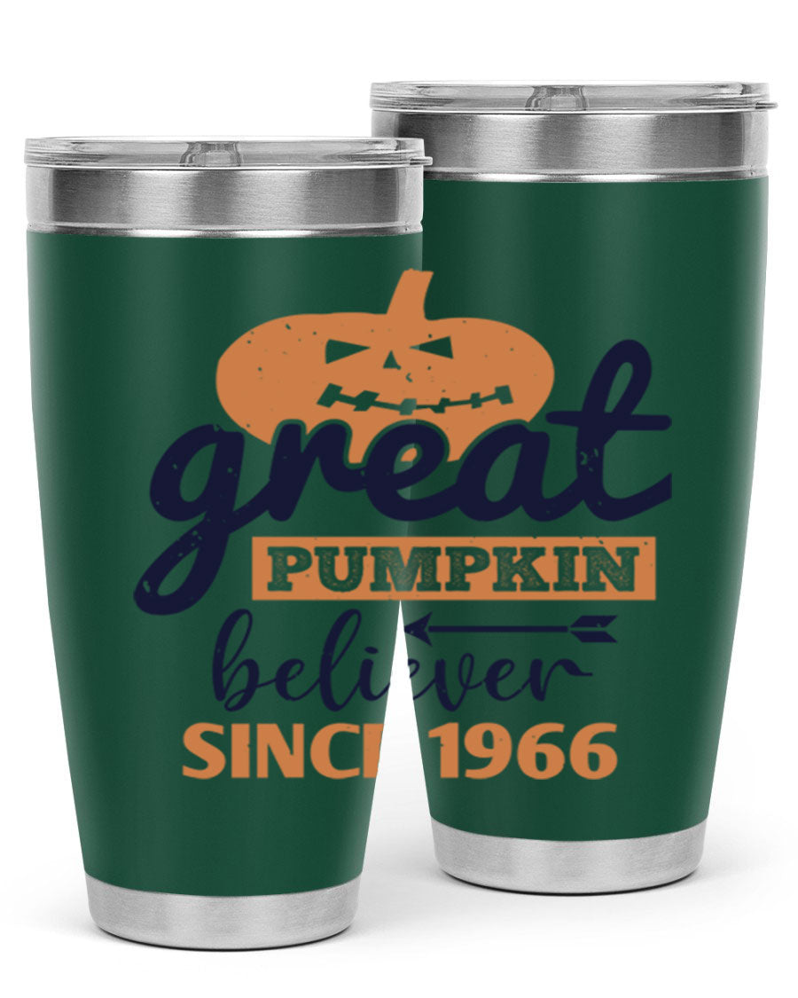 Great Pumpkin Believer Tumbler featuring a vibrant design, available in 20oz and 30oz sizes, made from stainless steel.