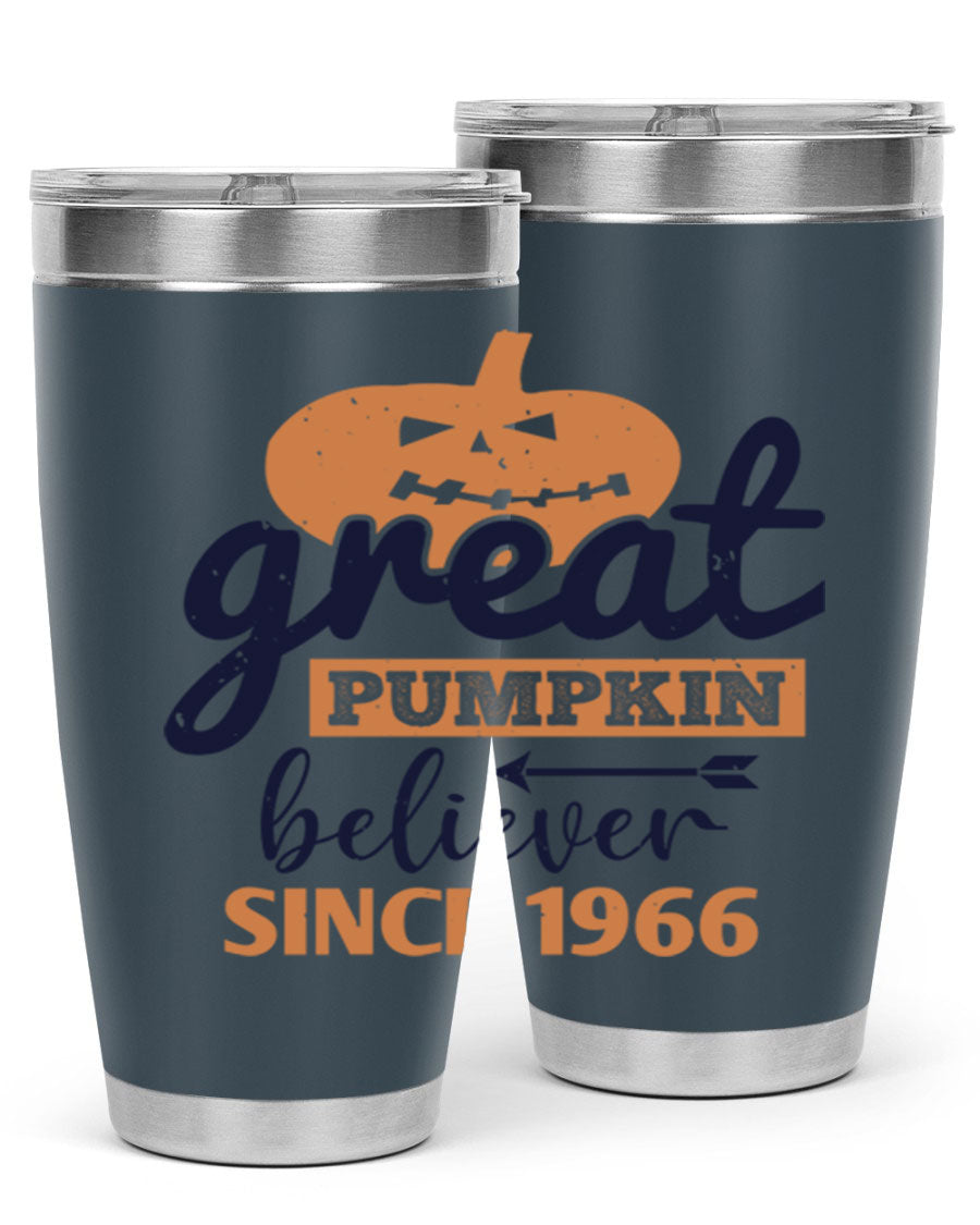 Great Pumpkin Believer Tumbler featuring a vibrant design, available in 20oz and 30oz sizes, made from stainless steel.