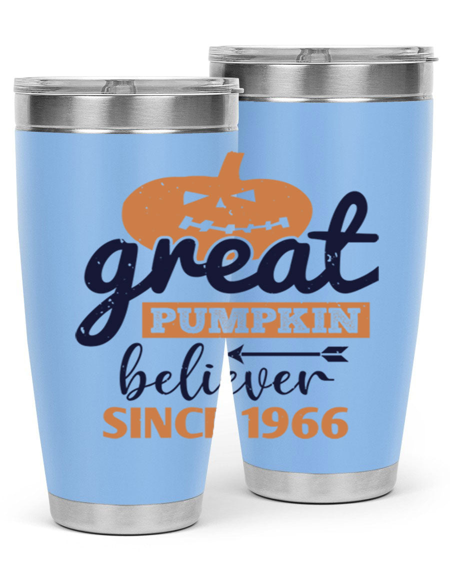 Great Pumpkin Believer Tumbler featuring a vibrant design, available in 20oz and 30oz sizes, made from stainless steel.