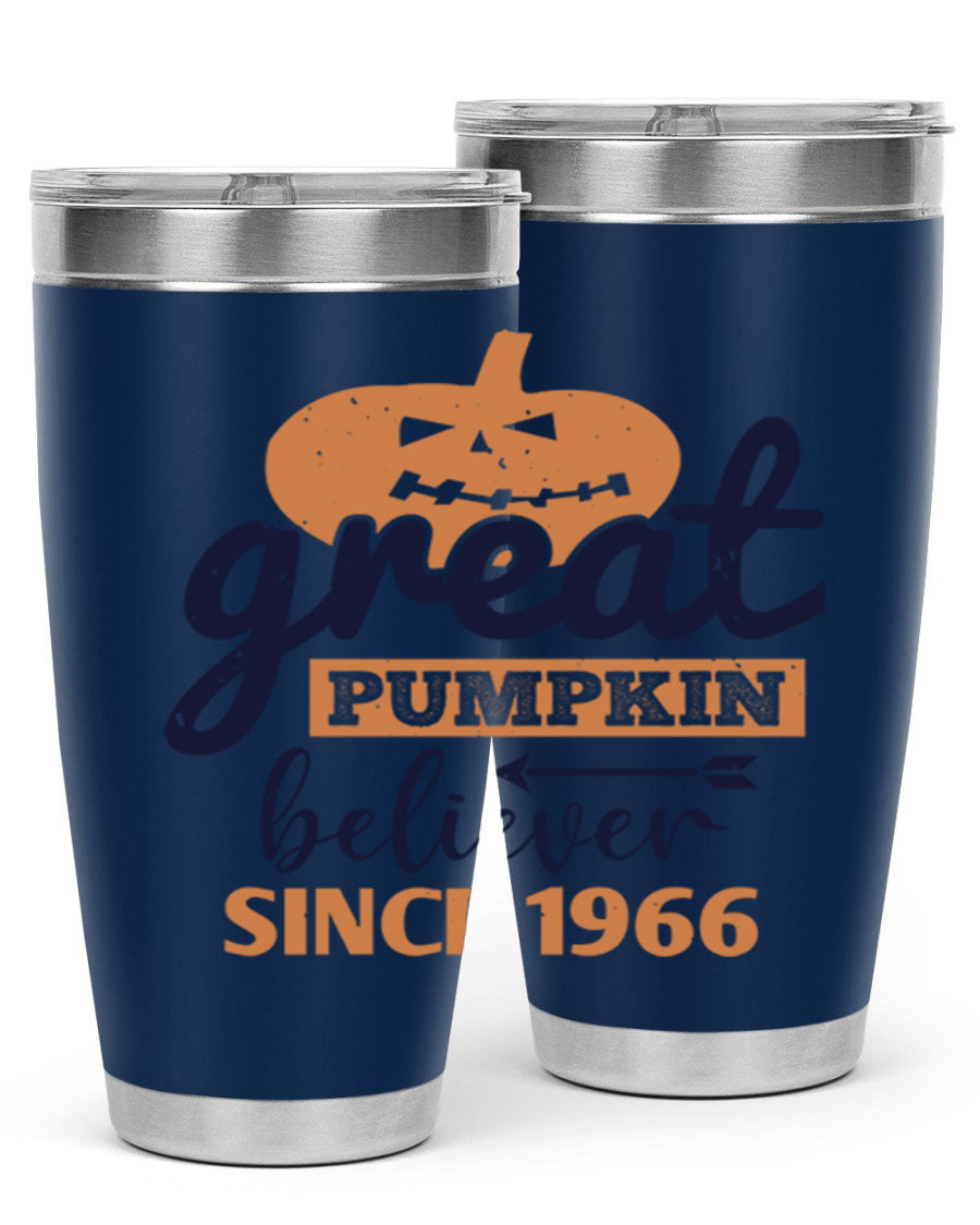 Great Pumpkin Believer Tumbler featuring a vibrant design, available in 20oz and 30oz sizes, made from stainless steel.