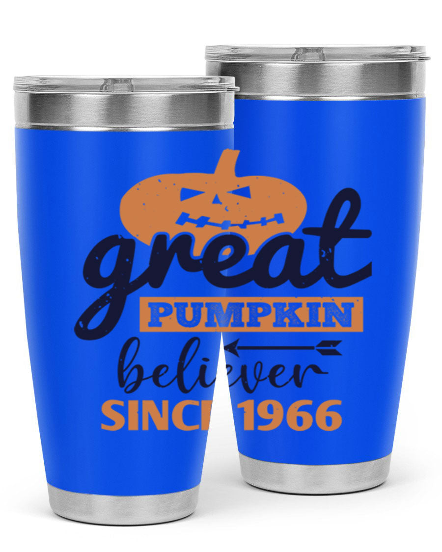 Great Pumpkin Believer Tumbler featuring a vibrant design, available in 20oz and 30oz sizes, made from stainless steel.